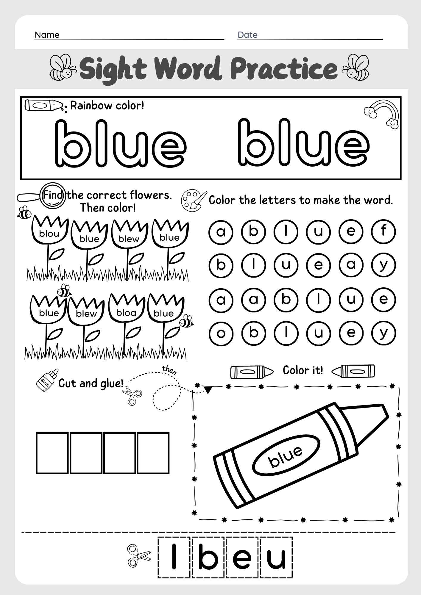 The Word "Blue" Sight Word Cut and Paste Worksheet for Early Learners Pre K